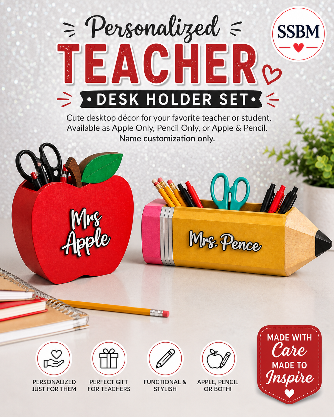 Personalized Teacher Desk Organizer | Apple & Pencil Set