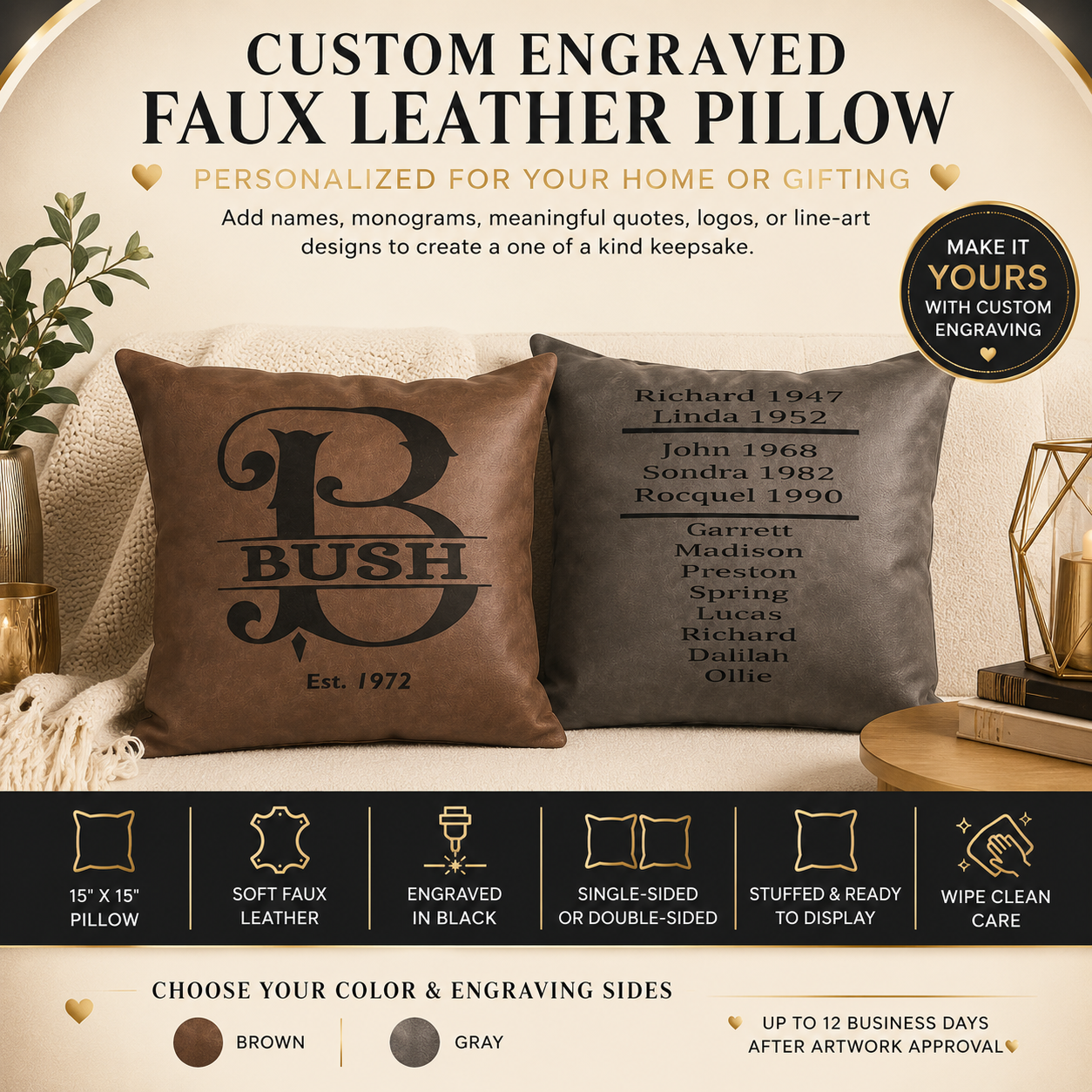 Custom Engraved Faux Leather Pillow | Personalized Decor