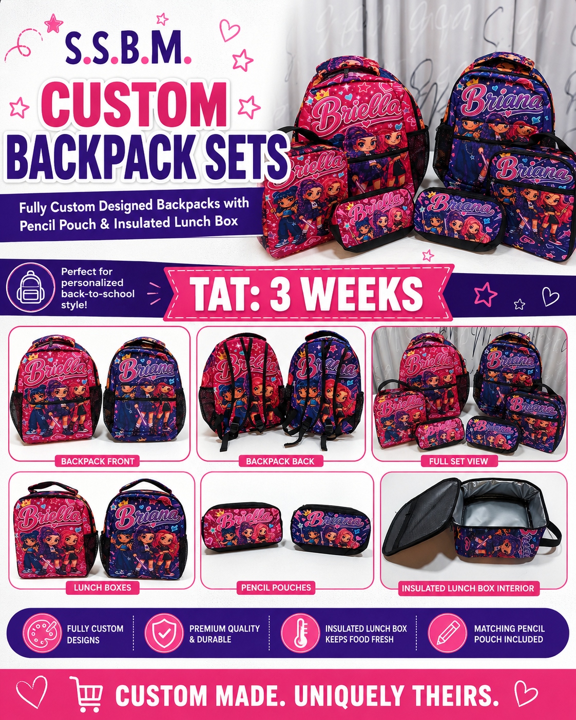 Custom Backpack Set | Personalized Backpack, Lunch Box & Pencil Pouch